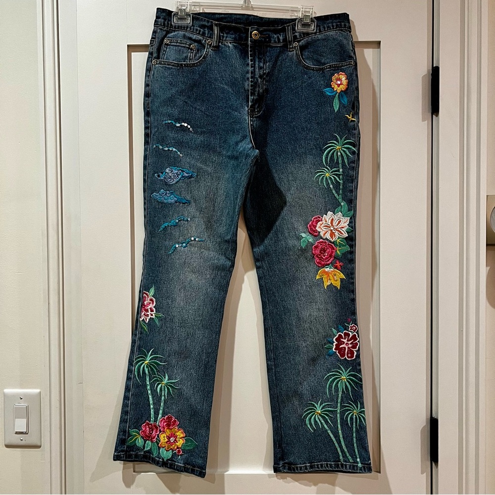 Diane Gilman Floral Embellished Blue Denim Jeans EUC